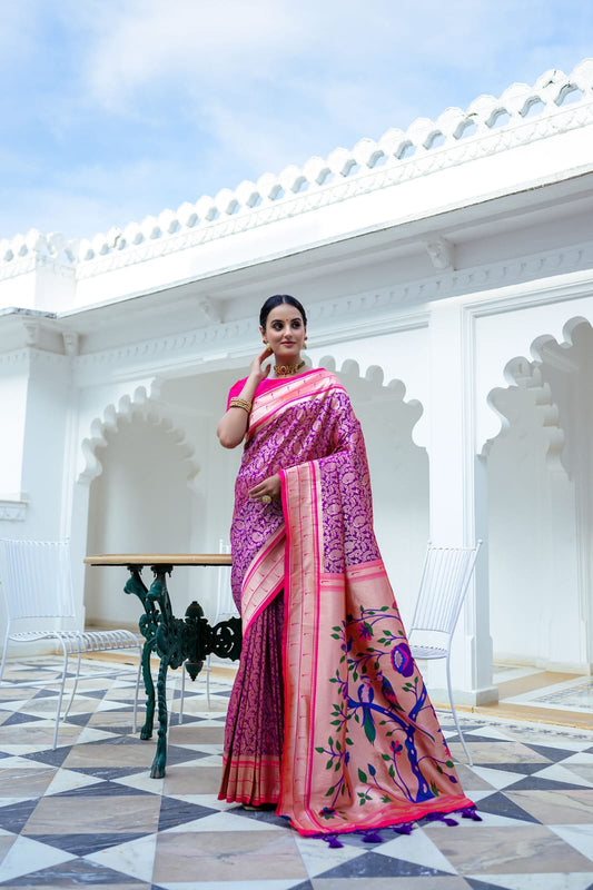 Purple Color Extraordinary Blend of Kanchipuram and Paithani Sarees: Soft Kanjivaram Silk with Exclusive Contrast Border & Rich Paithani Pallu.