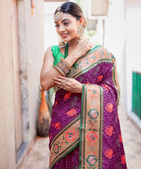 Elegant Purple Patola Silk Saree with Meenakari Weaving, Rich Pallu & Contrast Brocade Fancy Unstitched Blouse | Premium Silk Saree Collection.