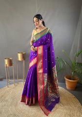 Purple Elegant Paithani Weaving Saree with Ganga Jamuna Border: Rich Pallu, All-Over Buttis & Unstitched Blouse Piece.