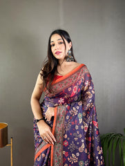 Purple Malai Cotton Saree with Kalamkari Print