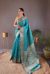 Rama Color Rosy Soft Silk Saree with Beautiful Border, Rich Pallu & Full Brocade | Unstitched Blouse Included.