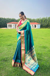 Rama Color Paithani Weaving Saree with Ganga Jamuna Border: Elegant Rich Pallu, All-Over Buttis, and New Concept Design.