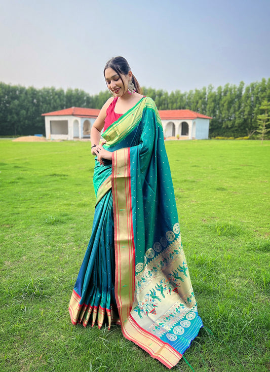 Rama Color Paithani Weaving Saree For Women