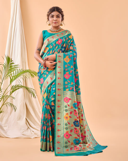 Rama Color Pure Paithani Silk Saree with Jaal Design