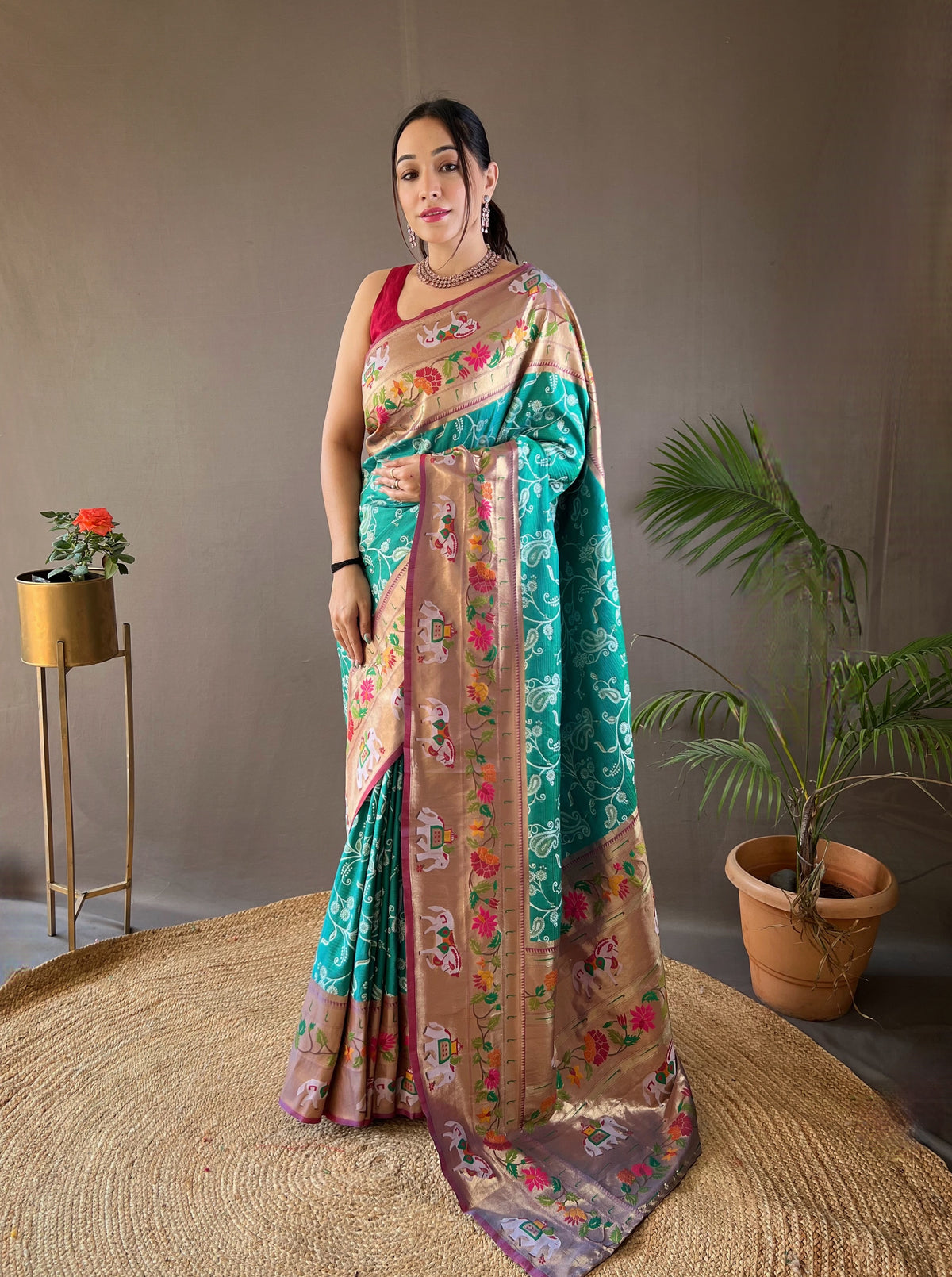 Beautiful Rama Color Lucknowi Weaving Saree with Paithani and Patola Fusion - Rich Meenakari Pallu, Elegant Border, Natural Concept with Golden Zari Blend, and Contrast Blouse.