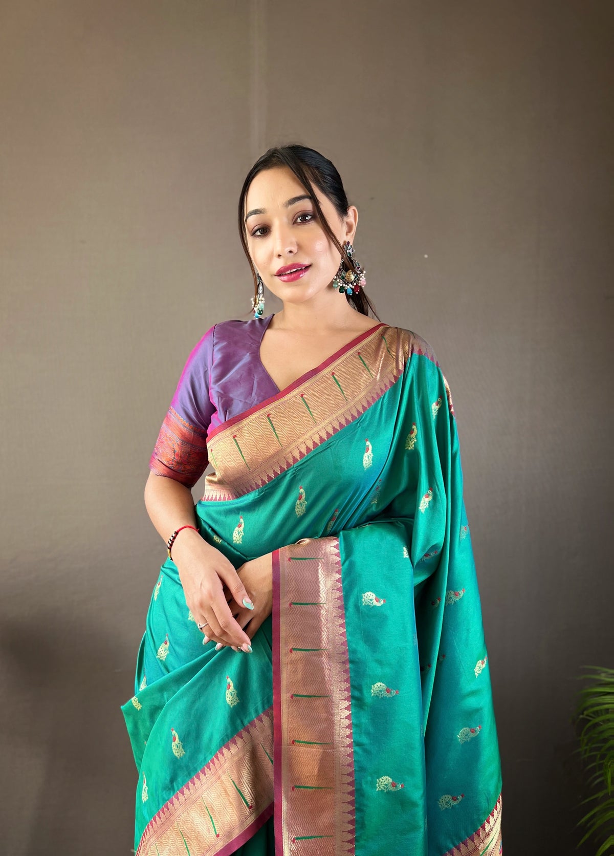 Rama Color Paithani Silk Saree with Rich Contrast Weaving Pallu, Border & Beautiful Buttis | Conceptual Brocade Unstitched Blouse Piece Included.