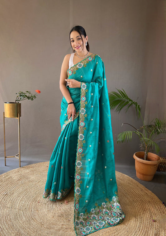 Rama Color Tussar Silk Saree with Embroidery Work