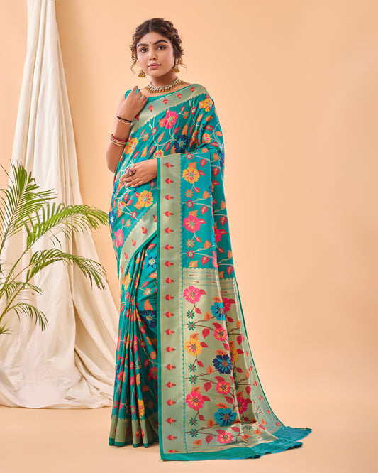 Rama Color Pure Paithani Silk Saree with Jaal Design