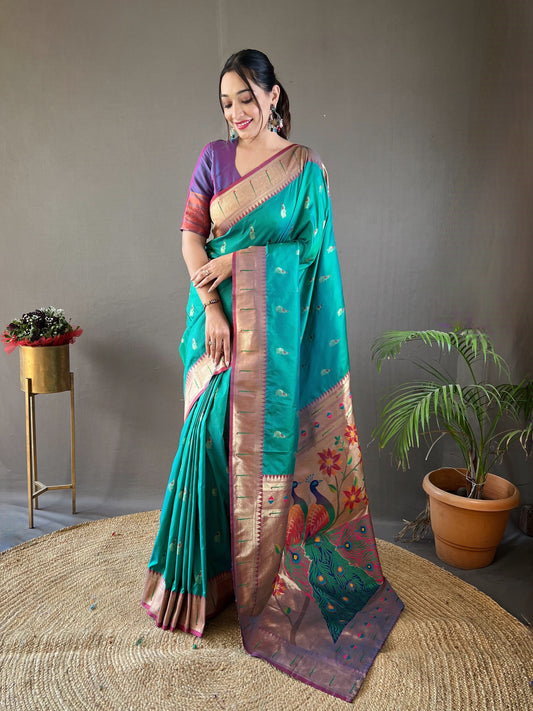 Rama Color Paithani Silk Saree with Contrast Weaving Pallu