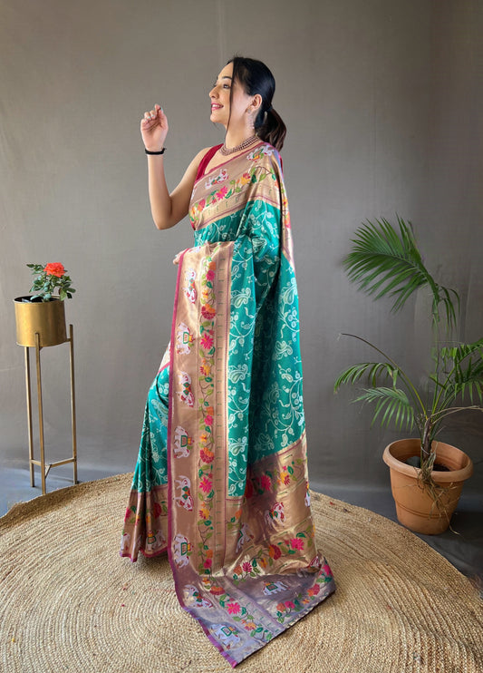 Rama Color Lucknowi Weaving Saree with Paithani and Patola Fusion