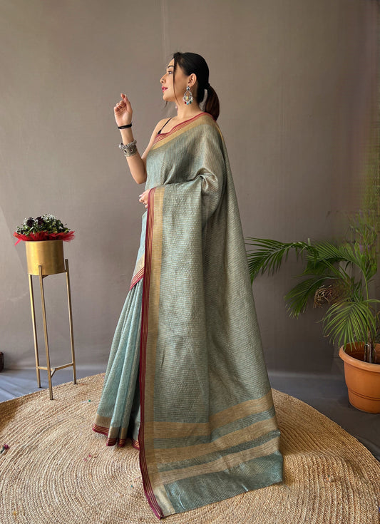 Rama Color Soft Silk Saree with All-Over Zari Checks Weaving Design and Border | Running Unstitched Blouse Included.