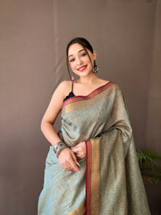 Rama Color Soft Silk Saree with All-Over Zari Checks Weaving Design and Border | Running Unstitched Blouse Included.