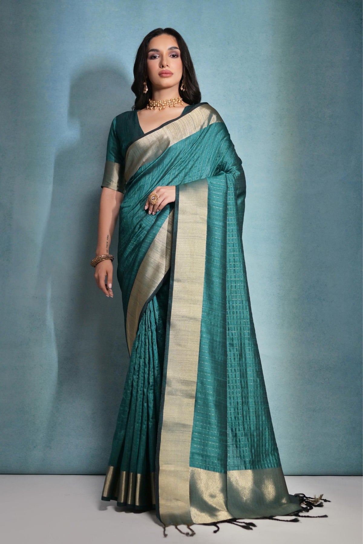 Rama Color Banarasi Raw Silk Saree