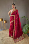 Red Tussar Silk Saree with Embroidery Work