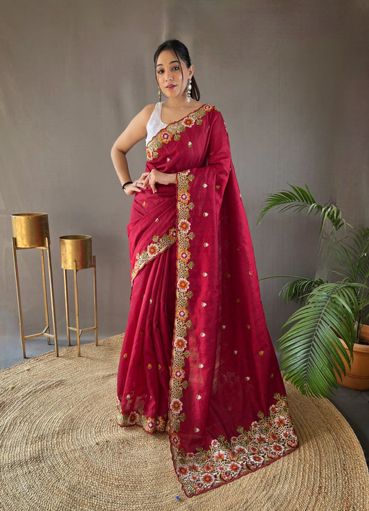 Red Tussar Silk Saree with Embroidery Work