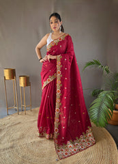 Red Tussar Silk Saree with Embroidery Work