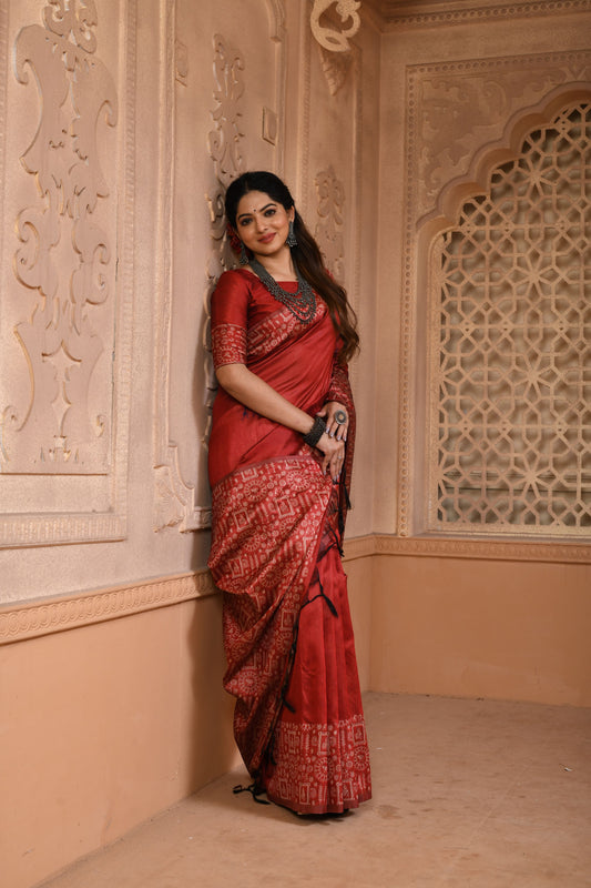 Red Color Bangalore Handloom Raw Silk Saree