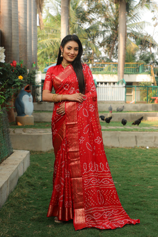 Red Handmade Bandhej Silk Saree with Matching Blouse