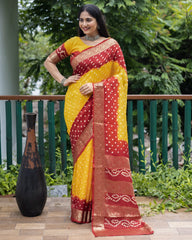 Authentic Red Pure Bandhej Silk Saree with Zari Weaving, Broad Border, Rich Pallu & Unstitched Blouse Piece.