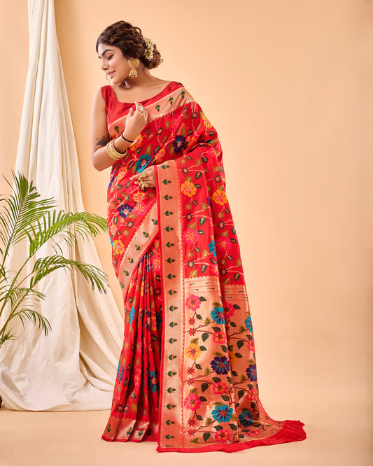 Red Color Pure Paithani Silk Saree with Jaal Design