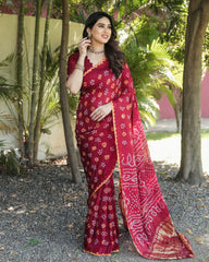 Luxurious Red Bandhej Silk Saree with Zari Weaving and Rich Tissue Pallu – Elegant Bandhej Border & Matching Blouse.