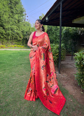 red Color Pure Paithani Saree with All-Over Zari and Meenakari Weaves | Richly Woven Pallu | Stunning Multi-Colored Border | Includes Unstitched Blouse Piece.