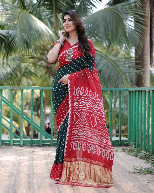 Red Pure Bandhej Silk Saree with Tissue Pallu