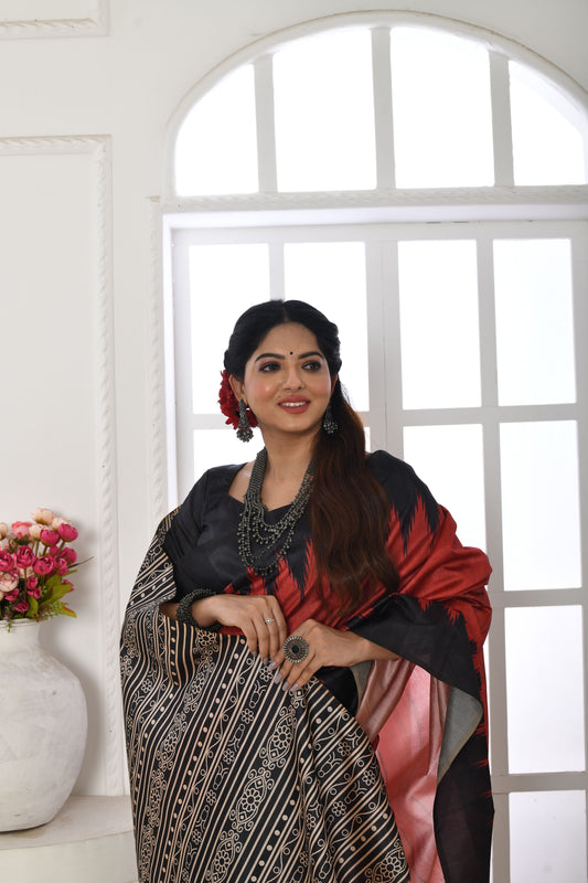 Red Soft Tussar Silk Saree with Temple Border Print