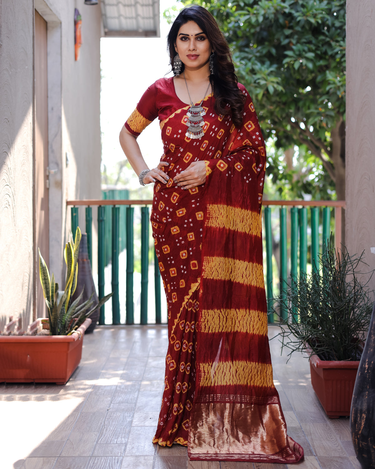 Red Bandhej Silk Saree with Tissue Pallu and Sibory Design