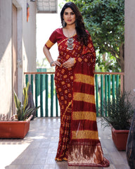 Authentic Red Bandhej Silk Saree with Zari Weaving, Rich Tissue Pallu, Sibory Design & Matching Blouse.