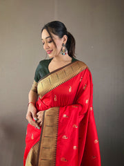 Red Color Paithani Silk Saree with Rich Contrast Weaving Pallu, Border & Beautiful Buttis | Conceptual Brocade Unstitched Blouse Piece Included.