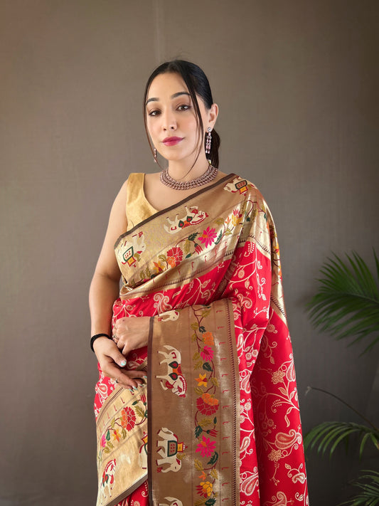 Red Lucknowi Weaving Saree with Paithani and Patola Fusion