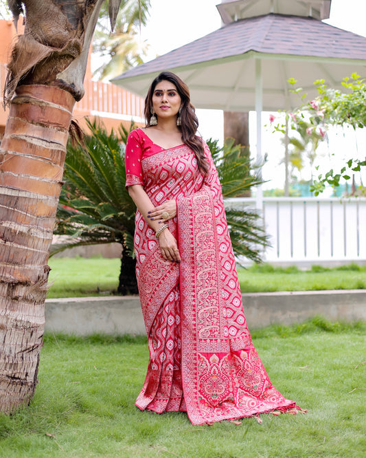 Elegant Red Color Pure Kanjivaram Pattu Saree with Heavy Zari Weaving, Rich Pallu & Contrast Blouse Piece.