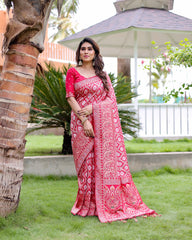 Elegant Red Color Pure Kanjivaram Pattu Saree with Heavy Zari Weaving, Rich Pallu & Contrast Blouse Piece.