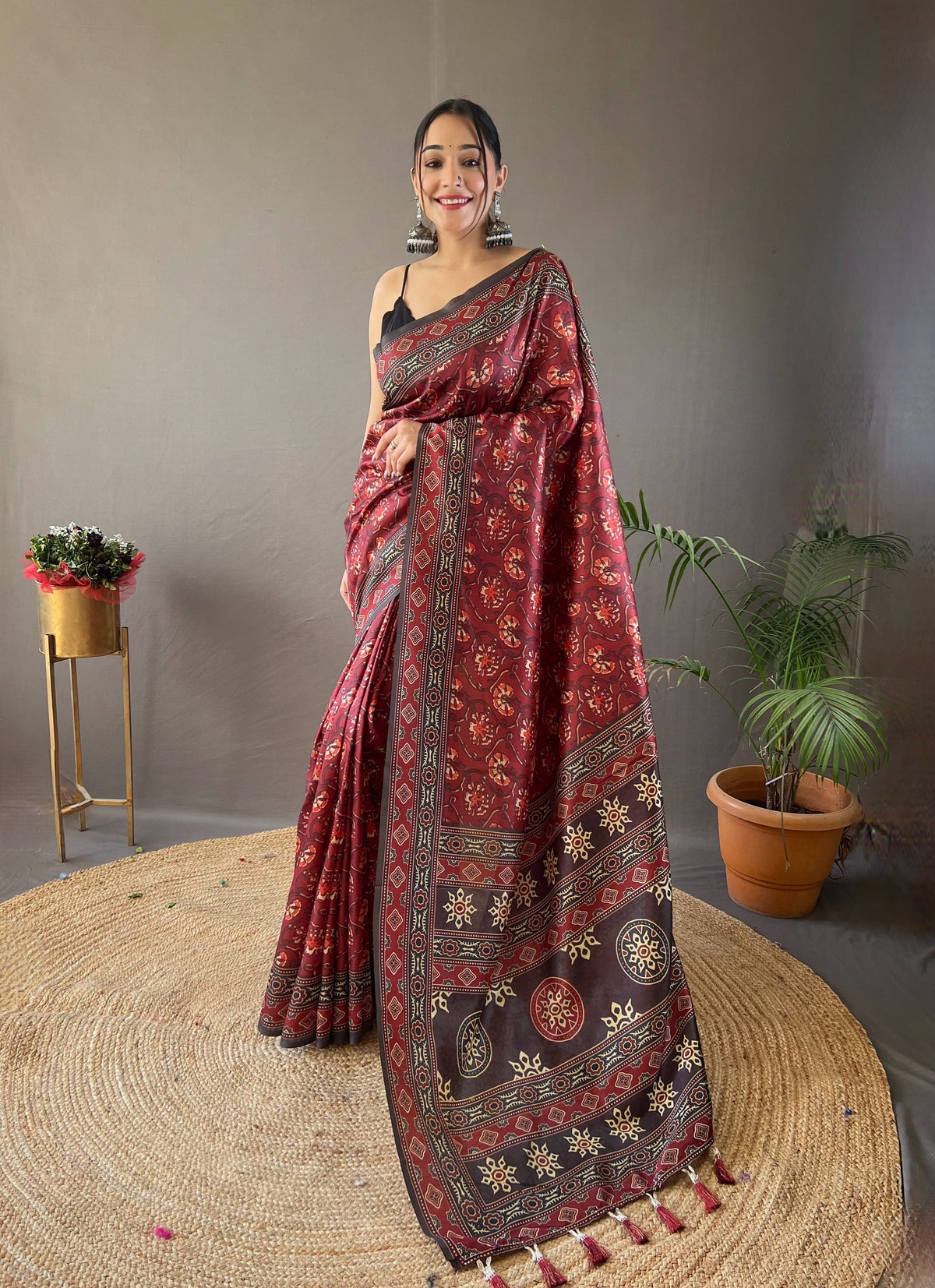 Red Digital Print Semi Silk Saree with Soft Weaves, Elegant Pallu & Border, Tassels, and Unstitched Blouse Piece.