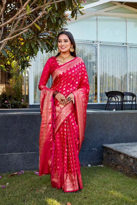 Exclusive Budget-Friendly Red Wedding Soft Satin Silk Sarees | Premium Quality with All-Over Weaving, Woven Border & Rich Pallu with Tassels.