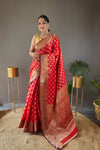 Red Color Rosy Soft Silk Saree with Beautiful Border, Rich Pallu & Full Brocade | Unstitched Blouse Included.