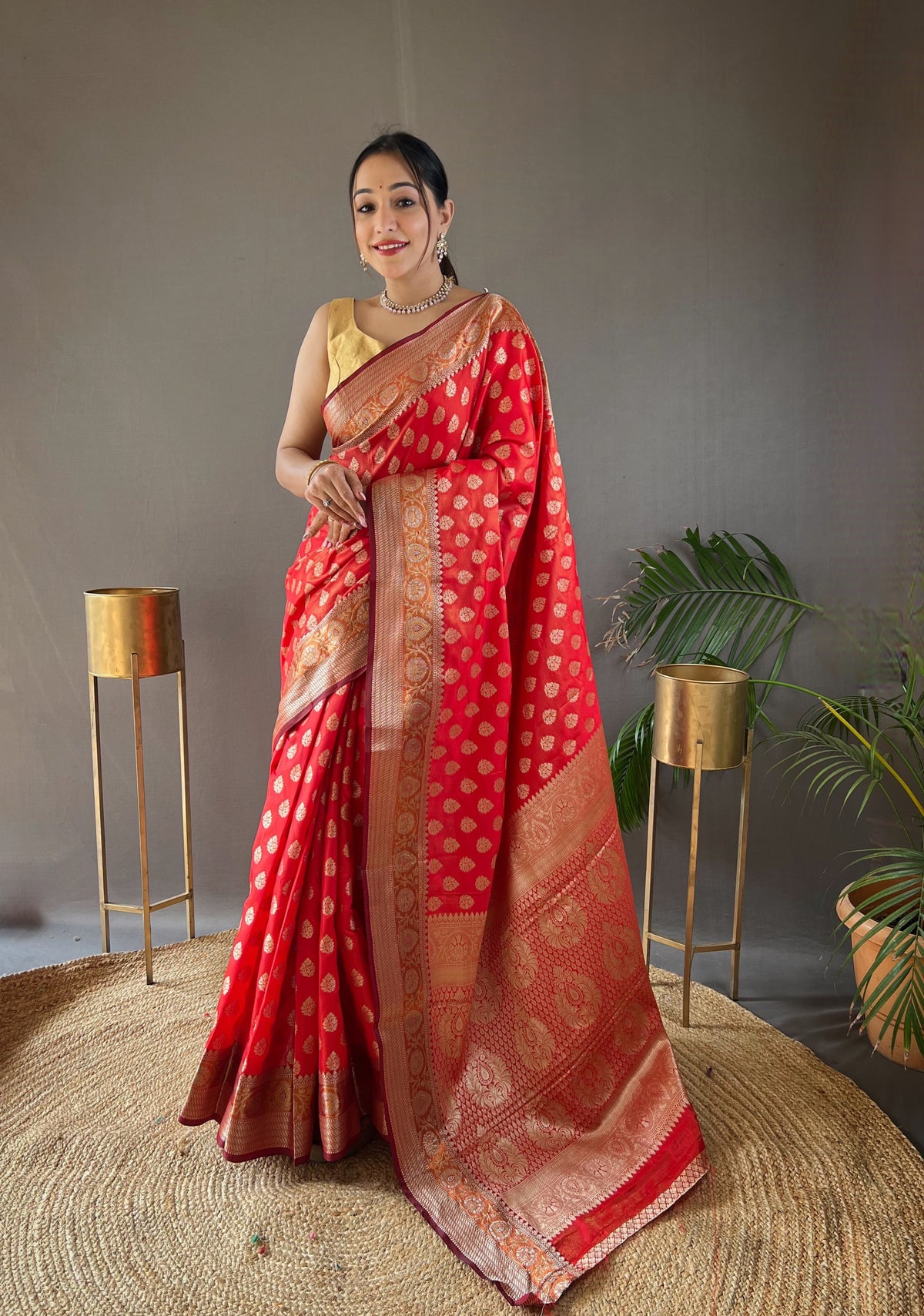 Red Color Rosy Soft Silk Saree with Beautiful Border, Rich Pallu & Full Brocade | Unstitched Blouse Included.