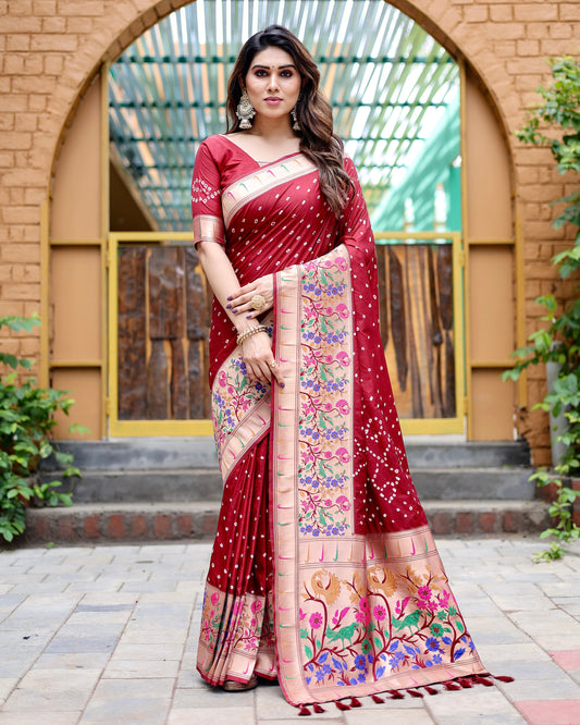 Red Bandhej Paithani Silk Saree and Matching Blouse