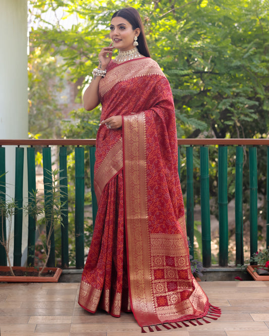 Elegant Red Handloom Silk Bandhej Patola Sarees with Kanchi Borders & Unstitched Blouse.