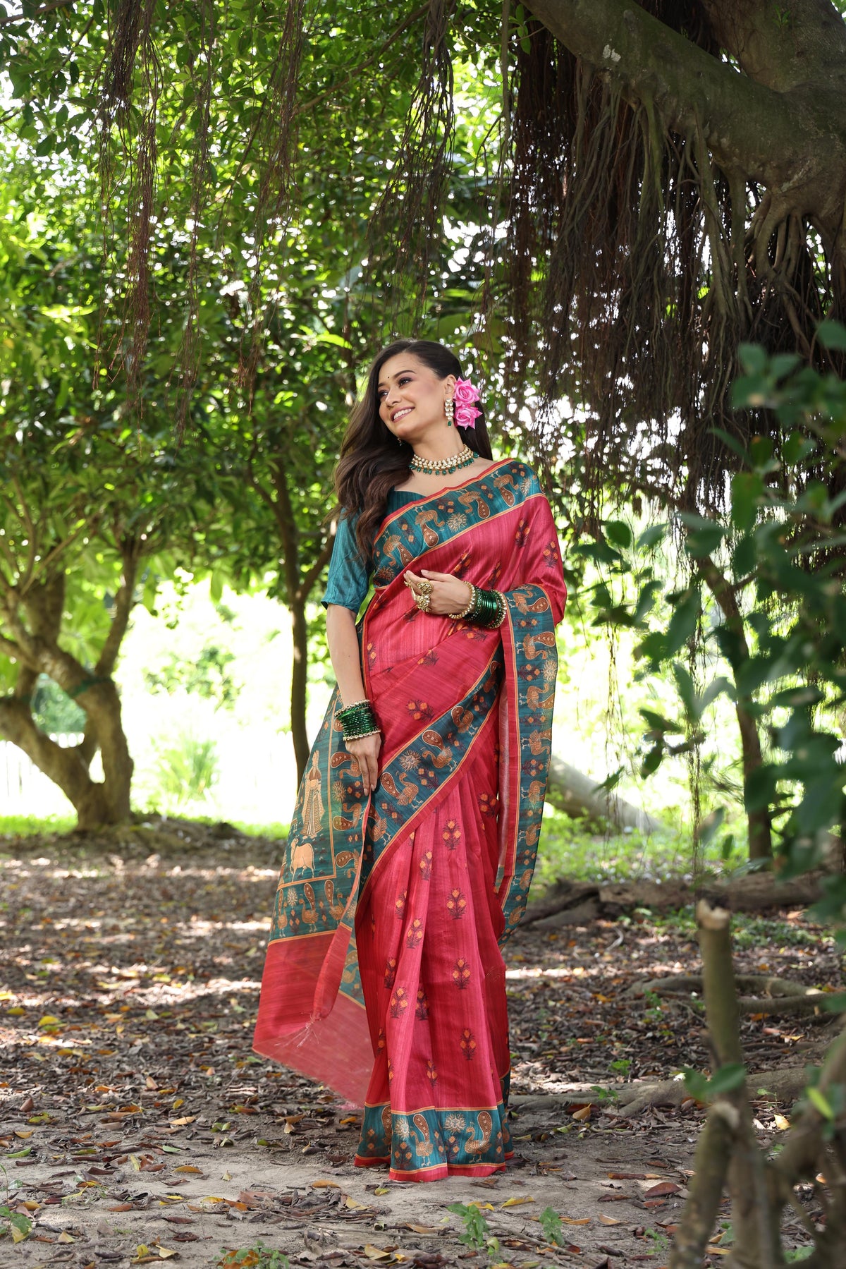 Red Soft Tussar Silk Saree with Beautiful Peacock Prints, Traditional Printed Pallu & Contrast Border | Saree with Contrast Blouse Piece.