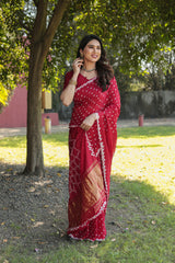 Red Bandhej Silk Saree with Bandhej Border