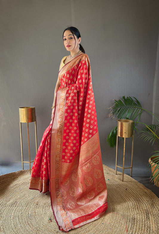 Red Color Rosy Soft Silk Saree with Beautiful Border, Rich Pallu & Full Brocade | Unstitched Blouse Included.