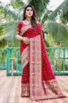 Premium Red Bandhej Paithani Silk Saree with Zari Weaving, Rich Pallu & Matching Blouse – Elegant and Comfortable Designer Drapes.