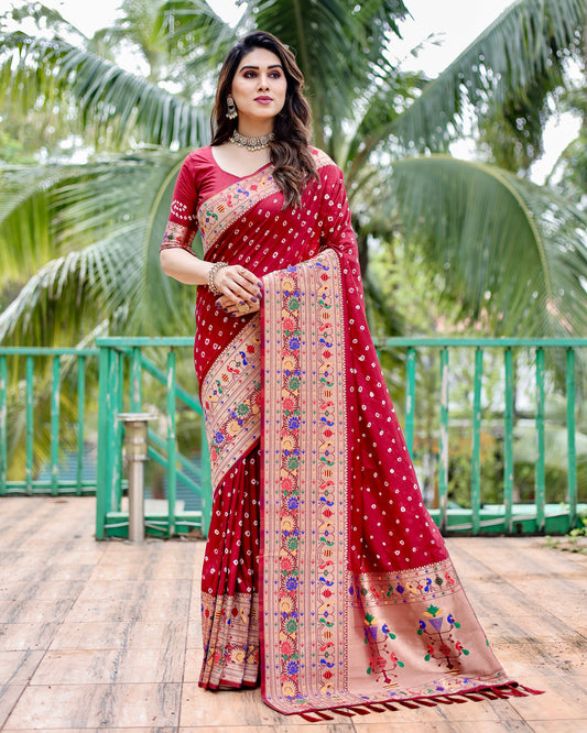 Premium Red Bandhej Paithani Silk Saree with Zari Weaving, Rich Pallu & Matching Blouse – Elegant and Comfortable Designer Drapes.