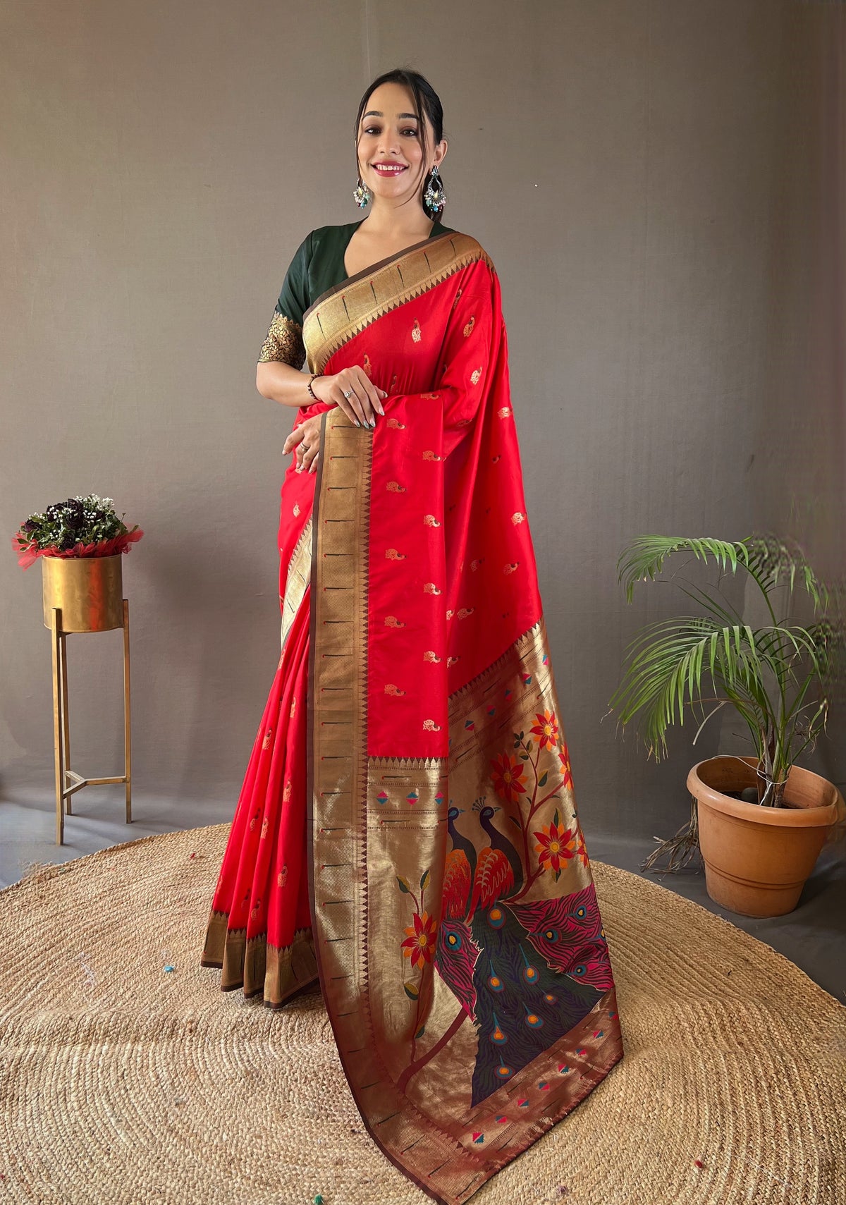 Red Color Paithani Silk Saree with Rich Contrast Weaving Pallu, Border & Beautiful Buttis | Conceptual Brocade Unstitched Blouse Piece Included.