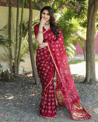 Luxurious Red Bandhej Silk Saree with Zari Weaving and Rich Tissue Pallu – Elegant Bandhej Border & Matching Blouse.