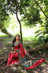 Red Soft Tussar Silk Saree with Beautiful Peacock Prints