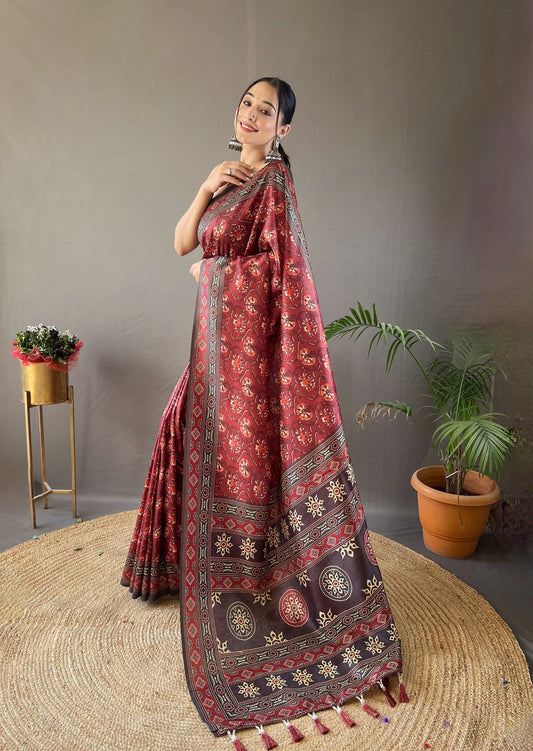 Red Digital Print Semi Silk Saree with Soft Weaves