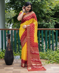 Authentic Red Pure Bandhej Silk Saree with Zari Weaving, Broad Border, Rich Pallu & Unstitched Blouse Piece.